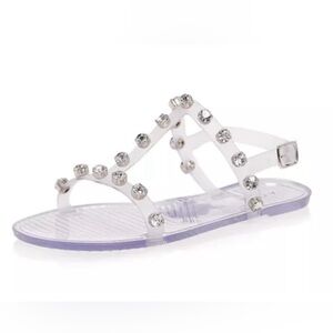 Aqua clear translucent, slingback, studded, open toe, T strap, jelly sandal